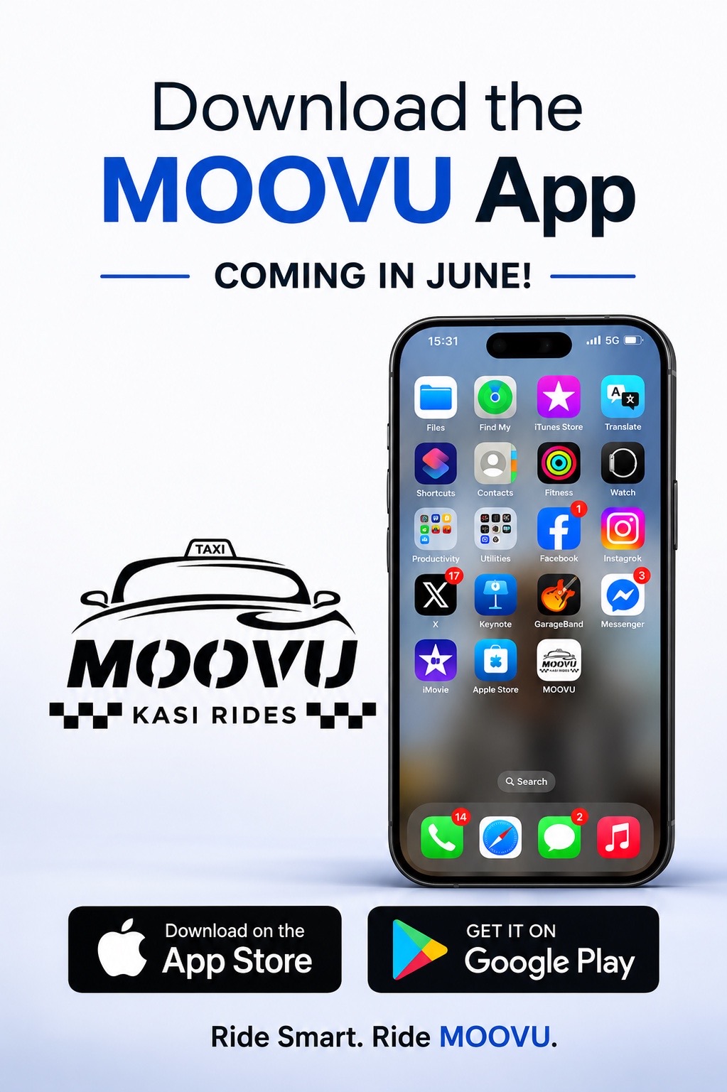 Download the MOOVU App coming soon poster with App Store and Google Play badges